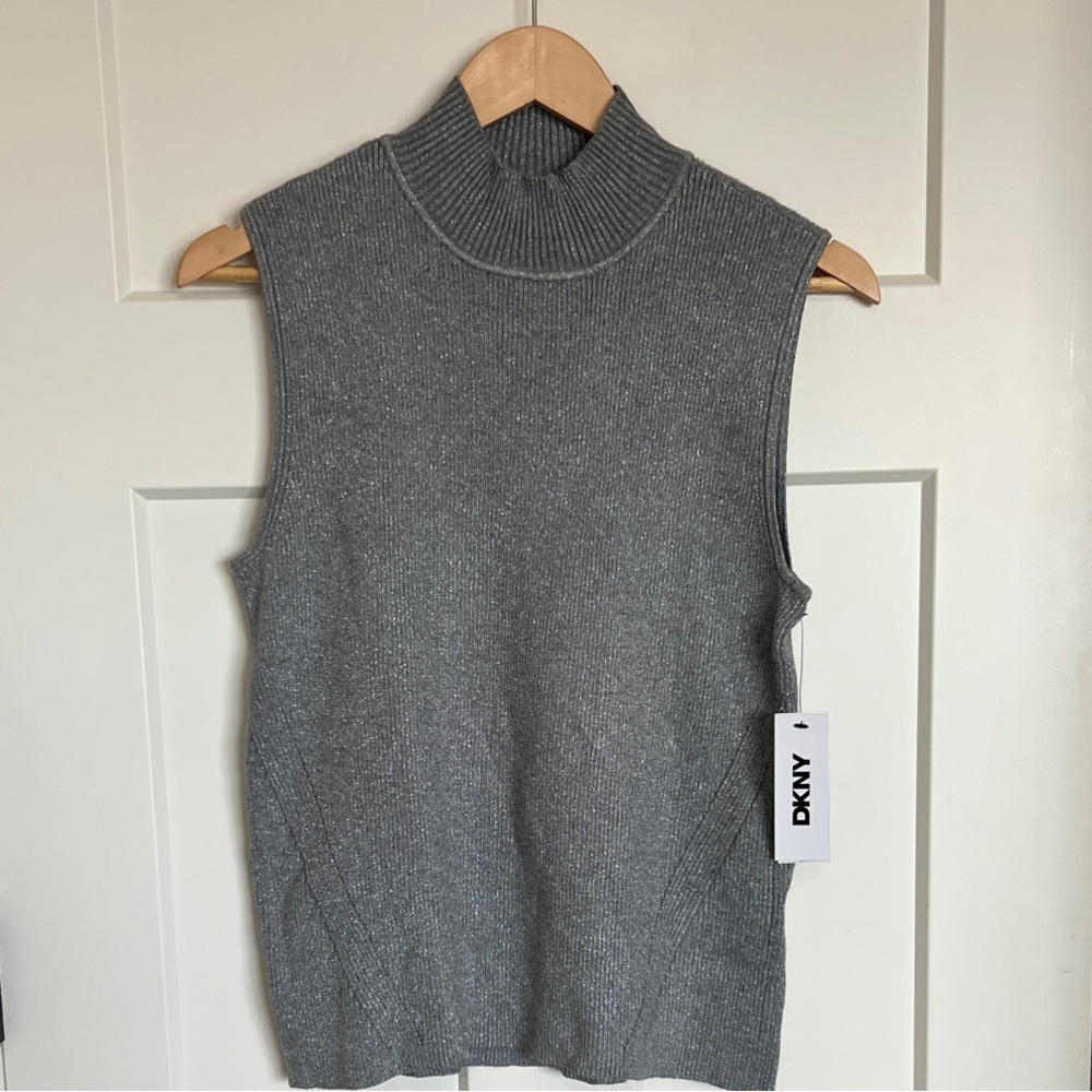DKNY Silver-Gray Sleeveless Turtleneck Knit Shell